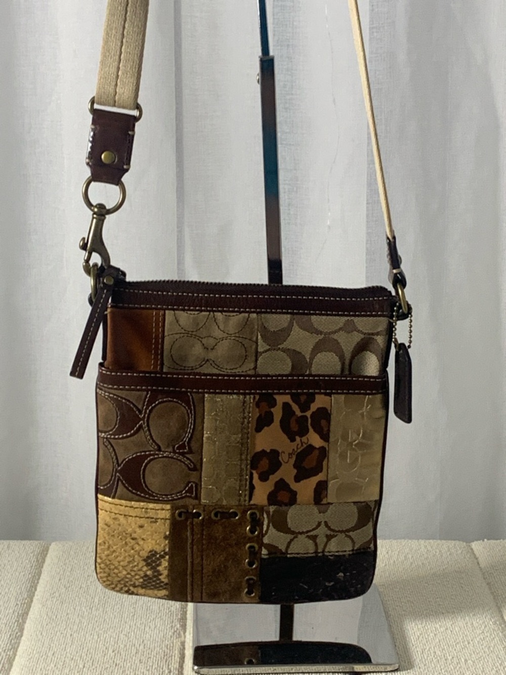 GUC Coach Gold + Brown Patchwork Crossbody bag, L 7.5” x H 9” x D 1”